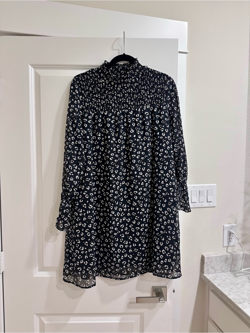 Black and White Printed Smocked Neck Women's Dress
